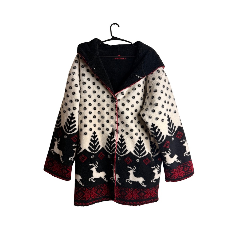 Vintage Denali Reversible Fleece Coat M Reindeer Granola Girl Hooded Cabincore